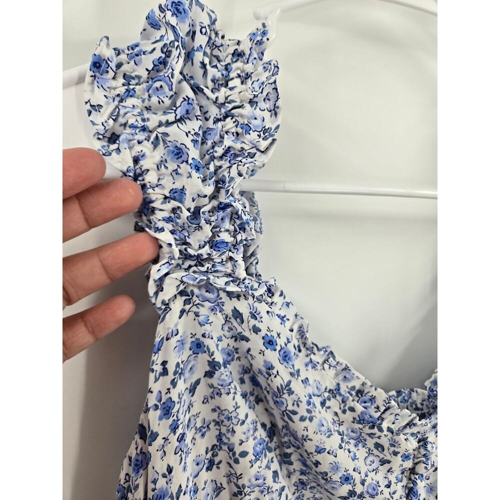 NWT Gap Women Maxi Dress Medium Blue Sweetheart Crepe Floral Smock Ruffle Summer - Picture 11 of 16